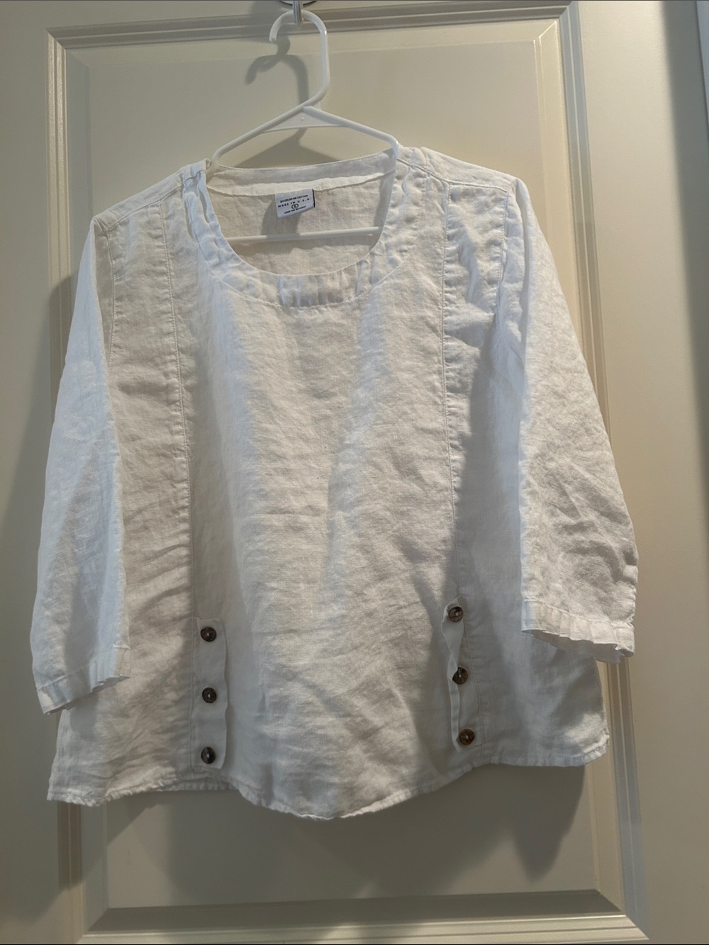 CMC Vintage 100%Linen ButtonAccent ScoopNeck White Pullover Top 3/4sleeve size S